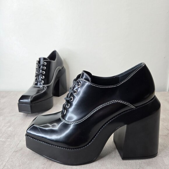 GB Oxford Platform Pumps 8.5 Black Lace Up Y2k Grunge Chunky Block Heel Booties - Picture 1 of 11